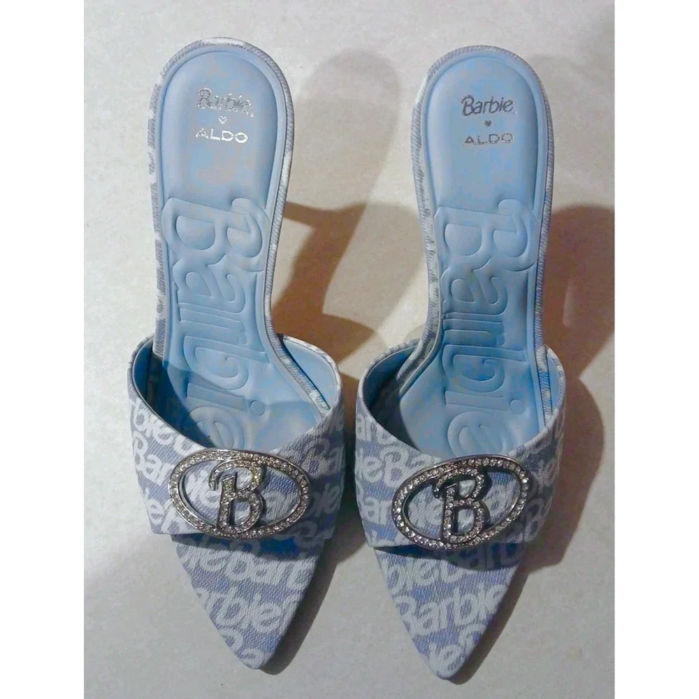 Aldo x Barbie Rhinestone Heels Sz 8.5 Sold Out Limited Edition Pink Logo Mules - Picture 3 of 9